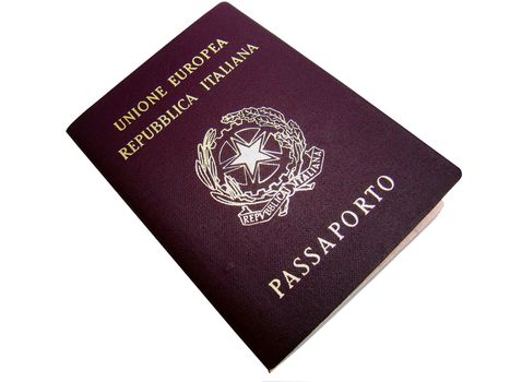 Photo of an Italian passport, isolated against a white background.