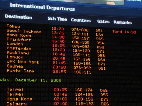 Airport information board, international departures.