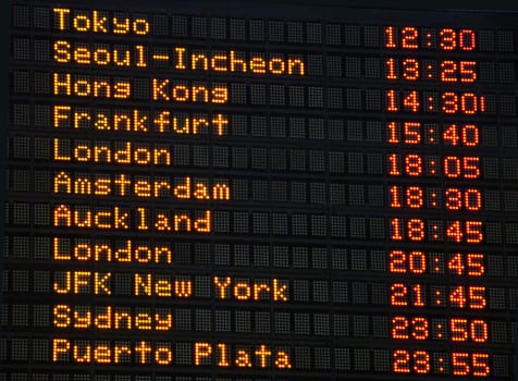 Airport information board, international departures.