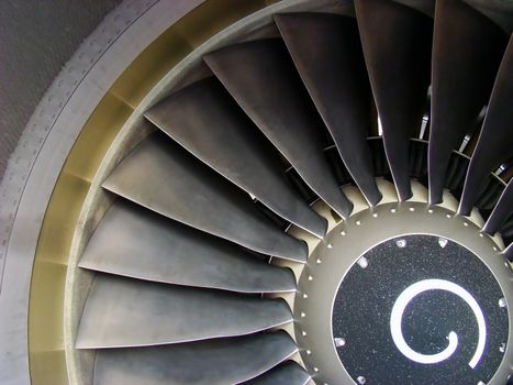 Close-up of a turbofan jet engine.