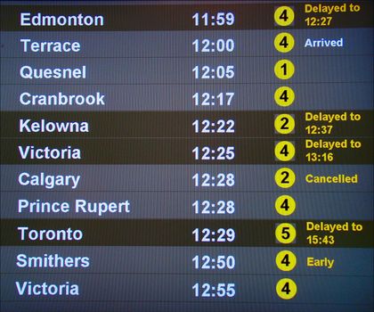 Canadian airport information board, domestic departures.