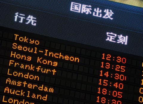 Airport information board, international departures.