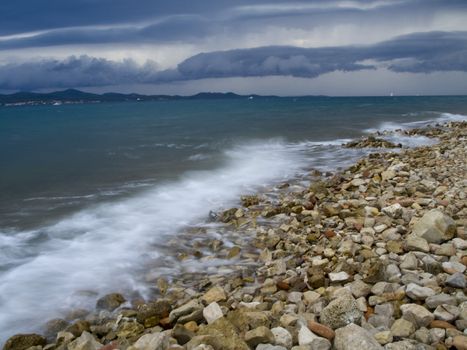 Wave crashing in a rocky