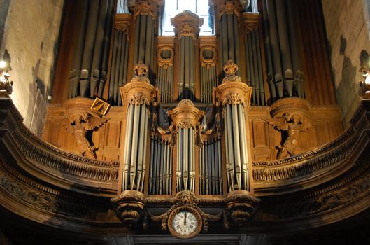 Pipe organ inside Saint Merri church in Paris, France