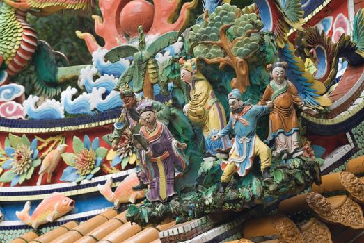 This is Taiwan temple decoration, with beautiful color in blue, green and yellow.Have Five cute idols.