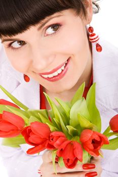 Girl with bouquet of tulips on isolated white