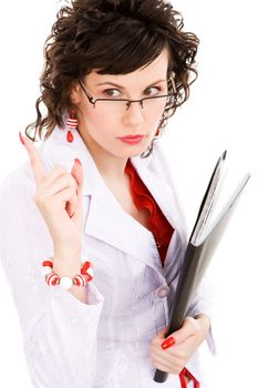 Attractive businesswoman in a white suit on isolated background