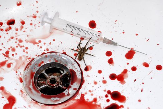 human blood, seringue, spider in a bathroom, symbole of death