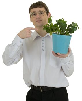 Portrait man in spectacles with window plant
