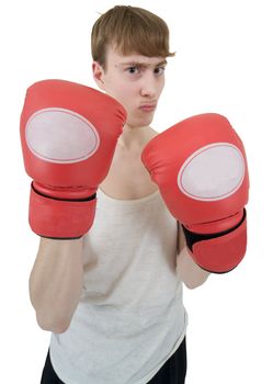 The thin boxer in gloves on a white background