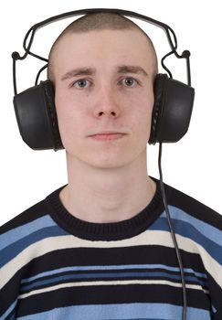 The man in earphones on the white background