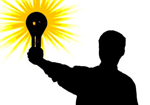 Silhouette of the man with a bulb - idea in a hand. An illustration