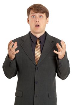 Strongly scared and confused young man on white