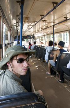 Tourist on the bus on his way to Iguassu Falls in Argentina