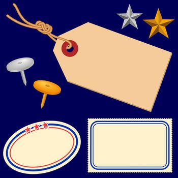 Retro style clipart. Old fashioned cardboard tag with a knot on the string, sticky paper labels and thumbtacks made of nickel and brass, as seen in the good old days in the office business. Two bonus 'army decoration look-alike' metal star pins included. The elements are easy to split from each other in both bitmap and vector files.