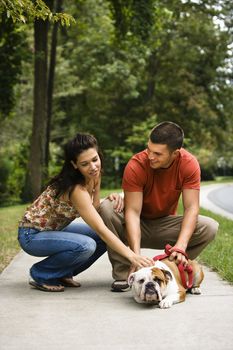 Caucasian mid adult couple petting English Bulldog on sidewalk.