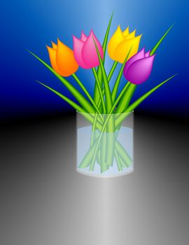 Table top decoration: An illustration of a table-top arrangement with a bunch of stylized tulips placed in a cylindric transparent glass vase. There is plenty of space for your text on the grey table, or let this picture stand alone 'as is' on the front of greeting cards or as a poster. Suitable for framing, too, as your piece of modern Danish design on the wall in an office or as a home decoration.