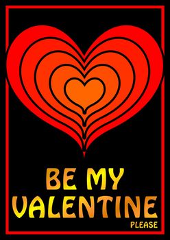 Card, poster, sign or tag with stylish, warm red graphics hearts standing out from the black background. The words: Be my Valentine, please, glowing in golden letters, can easily be replaced with your own text.