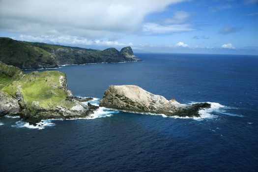 Aerial view of rocky Maui, Hawaii coastline.