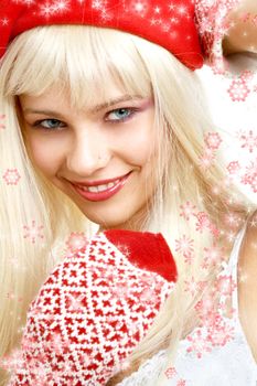 pretty girl in santa helper hat surrounded by rendered snowflakes