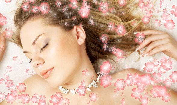 dreaming beautiful girl surrounded by rendered flowers
