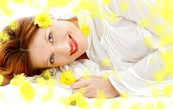 portrait of lovely beauty surrounded by yellow flowers