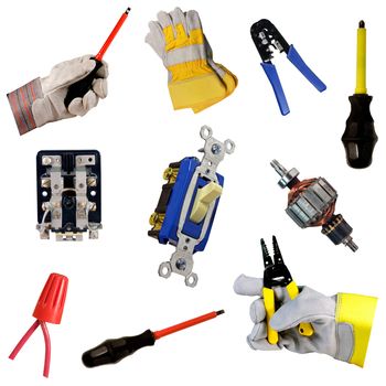 electricians tool collection isolated over white background