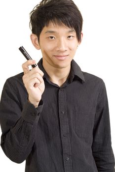 Young Asian man holding pen
