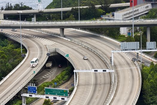 Aerial view of complex highway interchange in HongKong