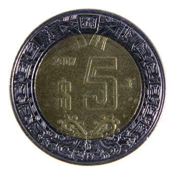 A close-up shot of a Mexican five peso coin.
