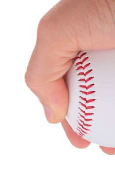 A hand holding a white baseball with red stitching. Add your text to the background.