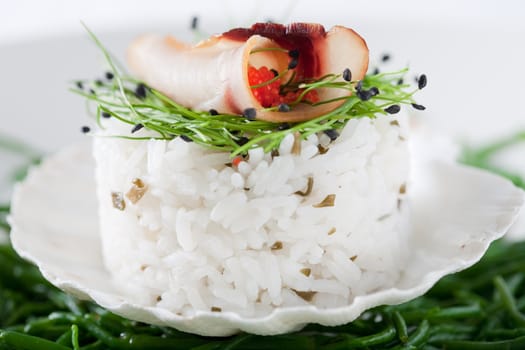 Delicious light meal with smoked monkfish and rice