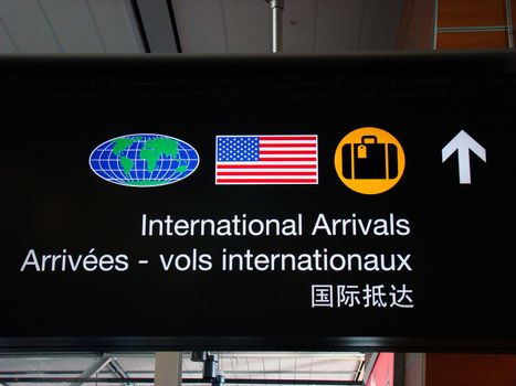 International arrivals terminal sign at Canadian Airport.