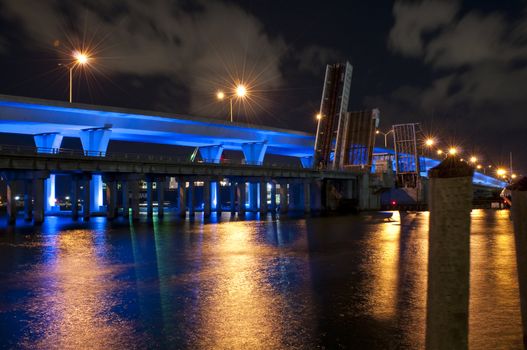 View of Bridge at night in Biscayne Bay, Miami, Florida.