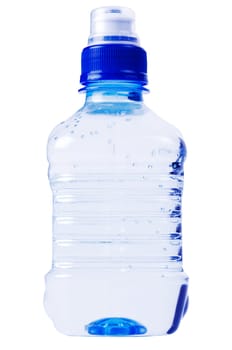 one blue water bottle on white background