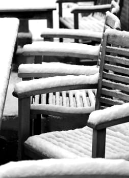 wooden outdoor furninture in winter
