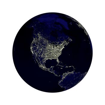 Earth globe with north America lights showing on white background. Some components of this image are provided courtesy of NASA, and have been found at visibleearth.nasa.gov