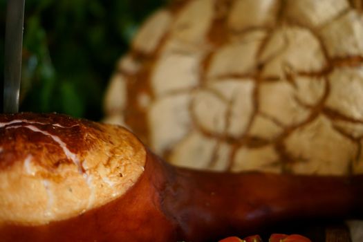 farmhouse table with traditional Polish delicacies. Ham, sausage, bread, etc.