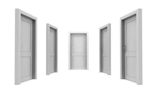 abstract hallway with five grey closed doors