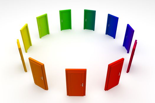 circle of eleven closed doors in different colours - rainbow look