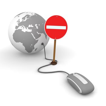 grey computer mouse is connected to a grey globe - surfing and browsing is blocked by a red  do not enter sign that cuts the cable