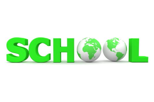 green word SCHOOL with two 3D globes replacing the letters O