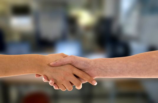 Two women shaking hands in an office environment