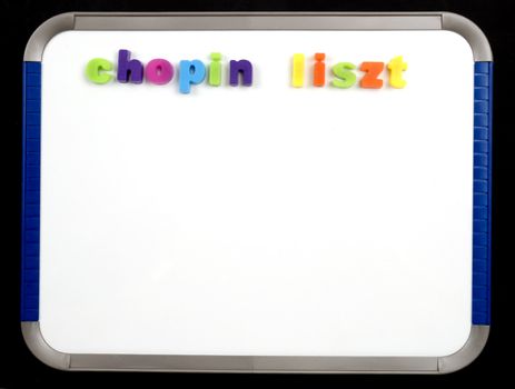 A Magnetic board with the words Chopin Liszt - shopping list