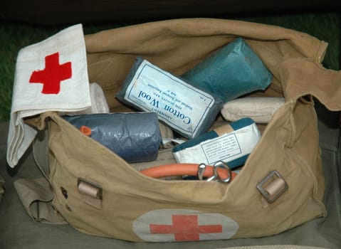 A bag of first aid equipment used in the second world war