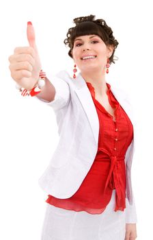Young woman with thumb up on isolated white
