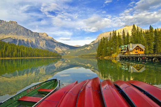 Red Canoes on Emerald Lake, Yoho National Park, Alberta, Canada