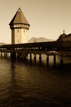 The Chapel Bridge and Lake Lucerne, in the city of Lucerne, Switzerland.
