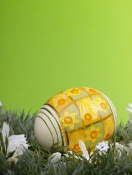 handpainted daffodil design on easter egg, artificial grass and blossoms, green background