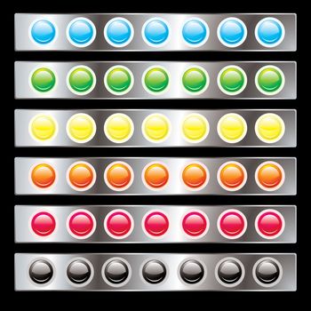 Round button interface with colorful variations on a silver background